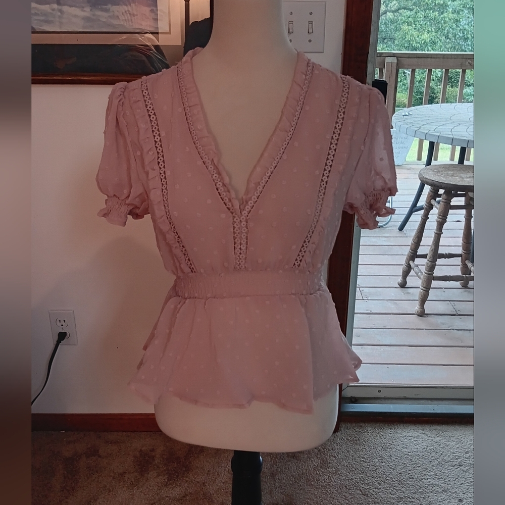KFAB Designs Pink Swiss Dot Peplum Ruffle Blouse NWOT Small